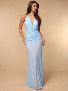 SHEIN BAE Đầm maxi nữ dáng suông cổ chữ V sâu, hở lưng, hơi xuyên thấu, thích hợp cho kỳ nghỉ biển, tiệc biển, tụ họp bạn bè, hẹn hò lãng mạn, đầm đi biển, đầm thanh lịch, đầm xanh gợi cảm, đầm dự tiệc trưa, tiệc cocktail, mùa cưới, tiệc biển, đầm maxi, đầm thanh lịch, đầm xanh thanh lịch - Màu xanh nhạt - Xem 3