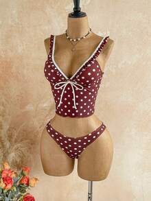 Soleia Women's White Polka Dot Print Deep V-Neck Bikini Set Beach Summer Cute - Brown - View 3