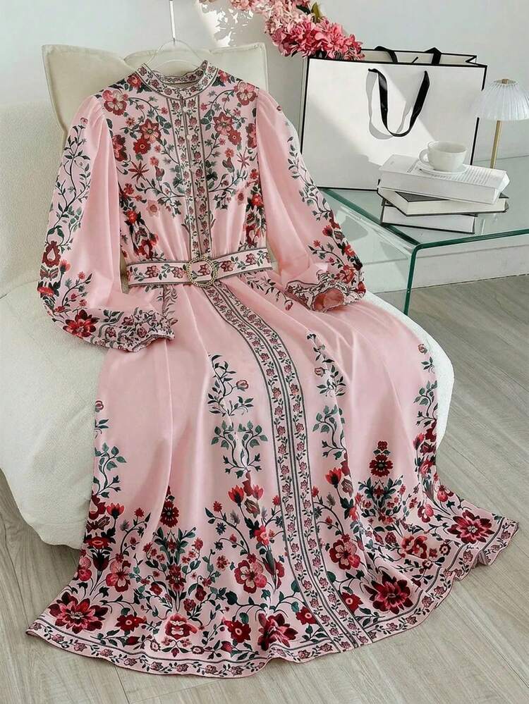 Modelyn Plus Size Women Metal Buckle Faux Pearl Floral Print Fashion Dress - Dusty Pink - View 1