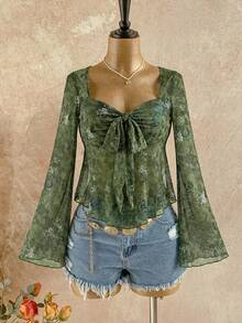 Soleia Trang phục nữ mùa thu, đi nghỉ mát, tốt nghiệp, tựu trường, áo kiểu babydoll cổ chữ V tay dài in họa tiết hoa paisley. - màu xanh lá - Xem 3