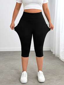 Enliva Leggings de yoga slim avec poches latérales, grande taille, tissu respirant, pour l'été, compatible avec la forme de corps arrondie - Noir - Voir 6