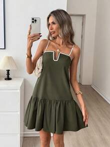 Easowa Color Block Square Neck Ruffle Hem A-Line Dress, Casual Loose Elegant Commuter Vintage Style Mini Dress For Women, Spring/Summer - Green - View 2