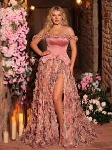 Glamrae Plus Size Dusty Pink Summer Elegant Formal Wedding Mesh Floral Print Patchwork Satin Asymmetric Maxi Dress,High Slit Gala Red Carpet Gown - Multicolor - View 7
