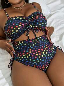 Slaydiva Traje de baño de una pieza para mujer talla grande con parte superior tipo bandeau de unicolor con cordón ajustable y Bottom con cordón lateral - Negro - Ver 3