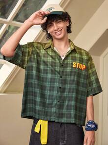Whitmere Men's Streetwear Plaid Shirt, Gradient Letter Slogan Print Short Sleeve Button Up Casual Shirts, Cropped Boxy Oversized Top For Weekend Date Beach Party Seaside Vacation Couple Matching Gift For Boyfriend Son Mother's Day - Green - View 4