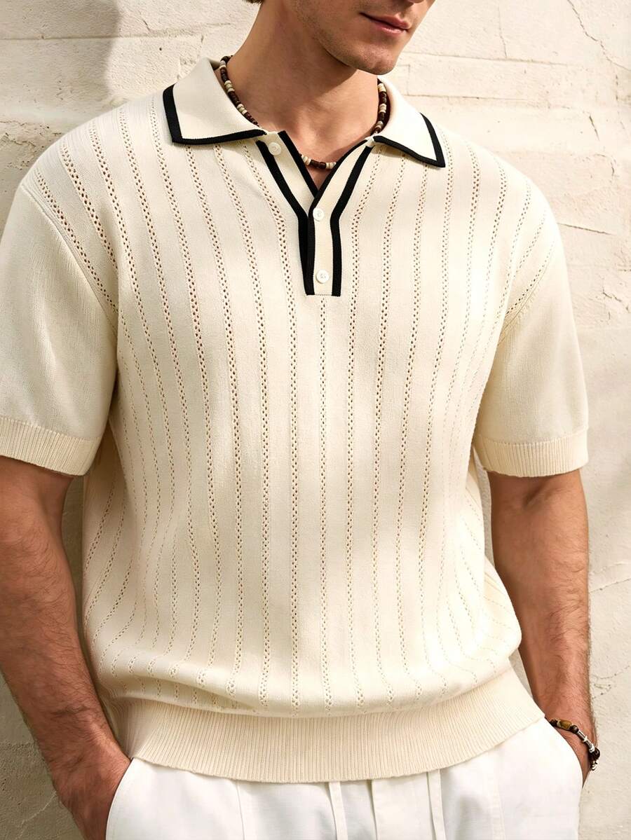 Airaco Men's Contrast Trim Hollow Out Casual Short Sleeve Knit Top, Summer - Apricot - View 1