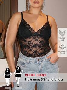 SHEIN PETITE CURVE 加大码女士黑色低胸蕾丝性感吊带连体衣，情人节，情人节服装 - 黑色 - 查看 3