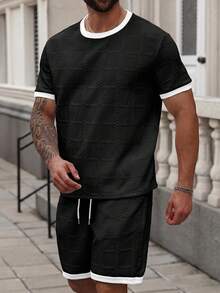 Manfinity Homme Plus Size White Textured Knit T-Shirt Set, The Pants Cuffs And Hem Are Accented In Black To Complement The Overall Design - Black - View 6