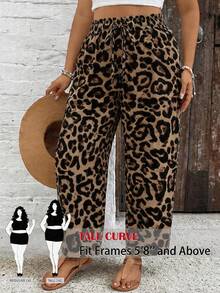 SHEIN Tall CURVE Plus Size Women Leopard Print Loose Casual Pants,Beige Summer Boho Beach Holiday Drawstring Waistband Striped Fashion Elegant Vacation Y2K Outing - Brown - View 8