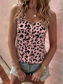 EMERY ROSE New Arrival Women's Fashion Floral & Leopard Print Round Neck Button Vest - Multicolor - View 3