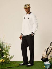 Tonviero Camisa polo de manga larga con gráficos de letras y ribete a rayas, camisa polo urbana casual con bloques de color, regalo para novio, otoño - Blanco - Ver 4