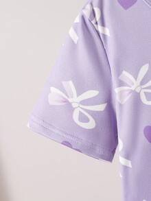 4pcs Girls Elastic Knit Short Sleeve Shorts Pajama Set With Bow & Heart Design, Comfortable & Soft, Best Gift For Teenage Girls - Purple - View 7