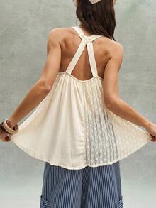 Camiseta de mujer con decoración de encaje y flores 3D, primavera/verano - Albaricoque - Ver 7