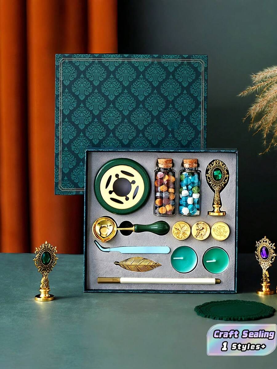 1PC Wax Seal Stamp Kit Retro Envelope Sealing Wax Beads Set With Spoon Candle Melting Furnace Gift For Wedding Invitation Christmas Card DIY Craft Supplies Hot Search - Dark Green - View 1