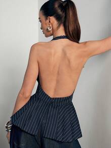 Hauture Women's Sexy Casual Pinstripe Halter Neck Peplum Top With Ruffle, Versatile Daily Wear Top Old Money, Work Brunch Dates Weddings Concerts - Blue - View 1