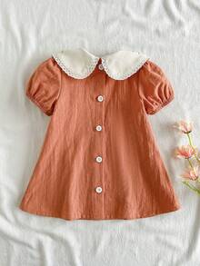 Vintaside Kids 新生女嬰花卉刺繡洋裝，鄉村風時尚優雅百搭可愛，春夏款柔軟面料 - 卡其色 - View 2
