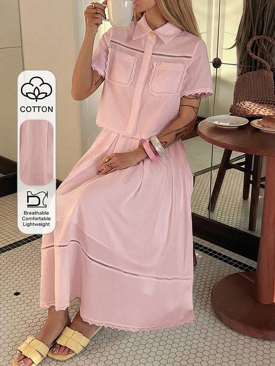 DAZY Spring/Summer Women's Elegant Lace Patchwork Pocket Shirt And Skirt 2 Pieces Set - Pink - View 1