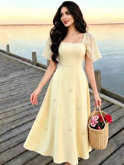 Modelyn Vestido midi de línea A con cuello de chal de patchwork de tela tejida de color amarillo oca con decoración de cuentas para mujer