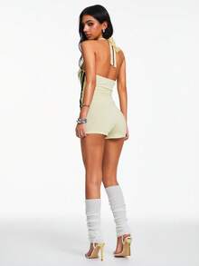 Nooralise Women's Color Block Halter Tie Casual Sexy Everyday Romper Golf Pastal Summer - Light Yellow - View 2