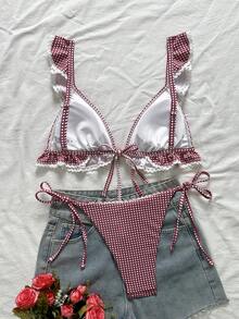 Swim Mod 女款甜美可愛格紋印花荷葉邊白色蕾絲比基尼上衣與側綁帶三角泳褲休閒海灘度假泳裝套裝 - 酒紅色 - 查看 2