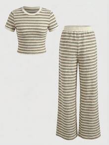 SHEIN Teen Girls Black & White Striped Patchwork Crew Neck Short Sleeve T-Shirt And Pants Co-Ord Set - Multicolor - View 6