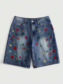 ROMWE MEN Street Life Men's Star Embroidered Denim Shorts - Multicolor - View 1
