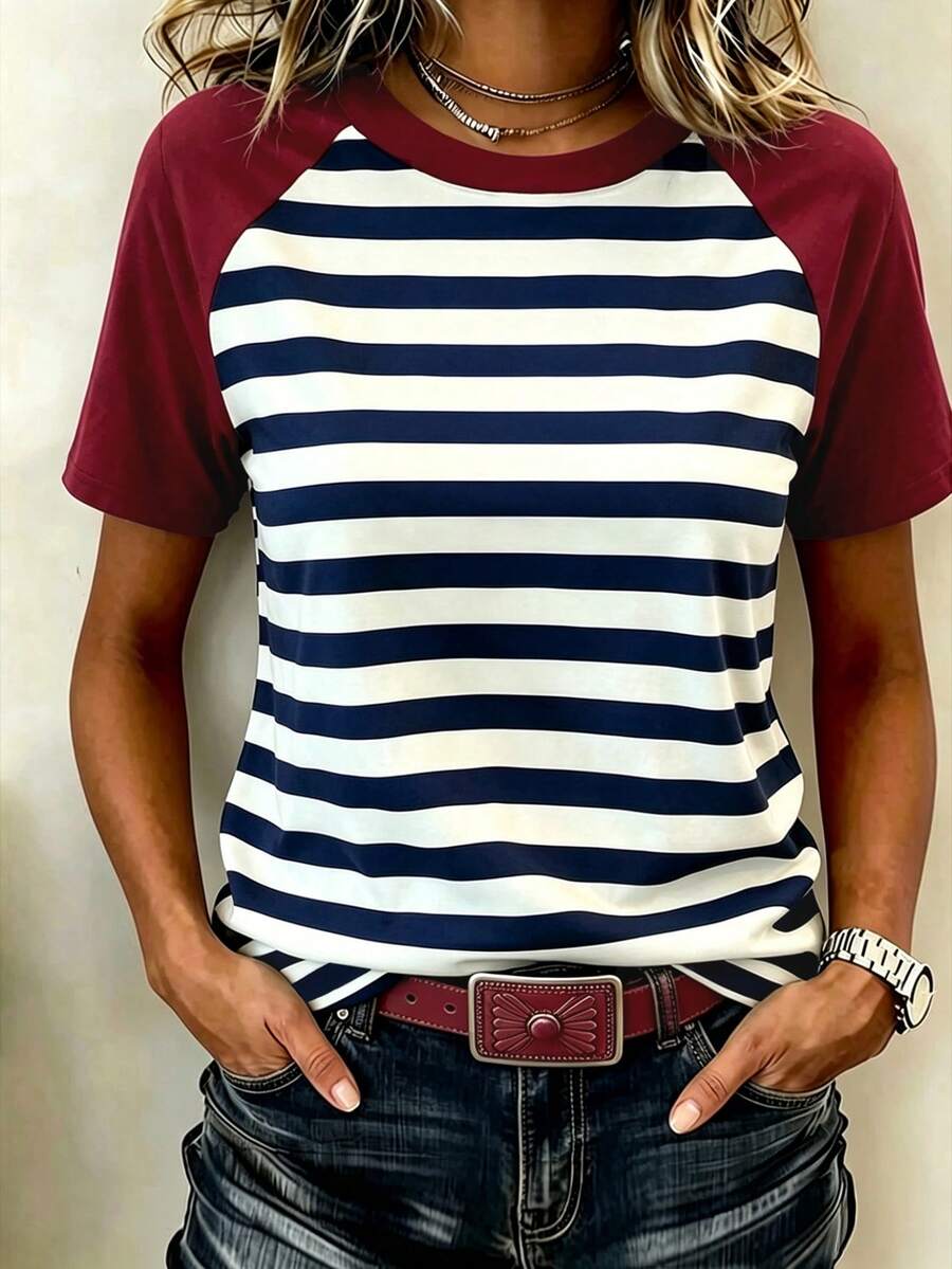 EMERY ROSE Summer Casual Colorblock Striped Raglan Sleeve T-Shirt - Multicolor - View 1