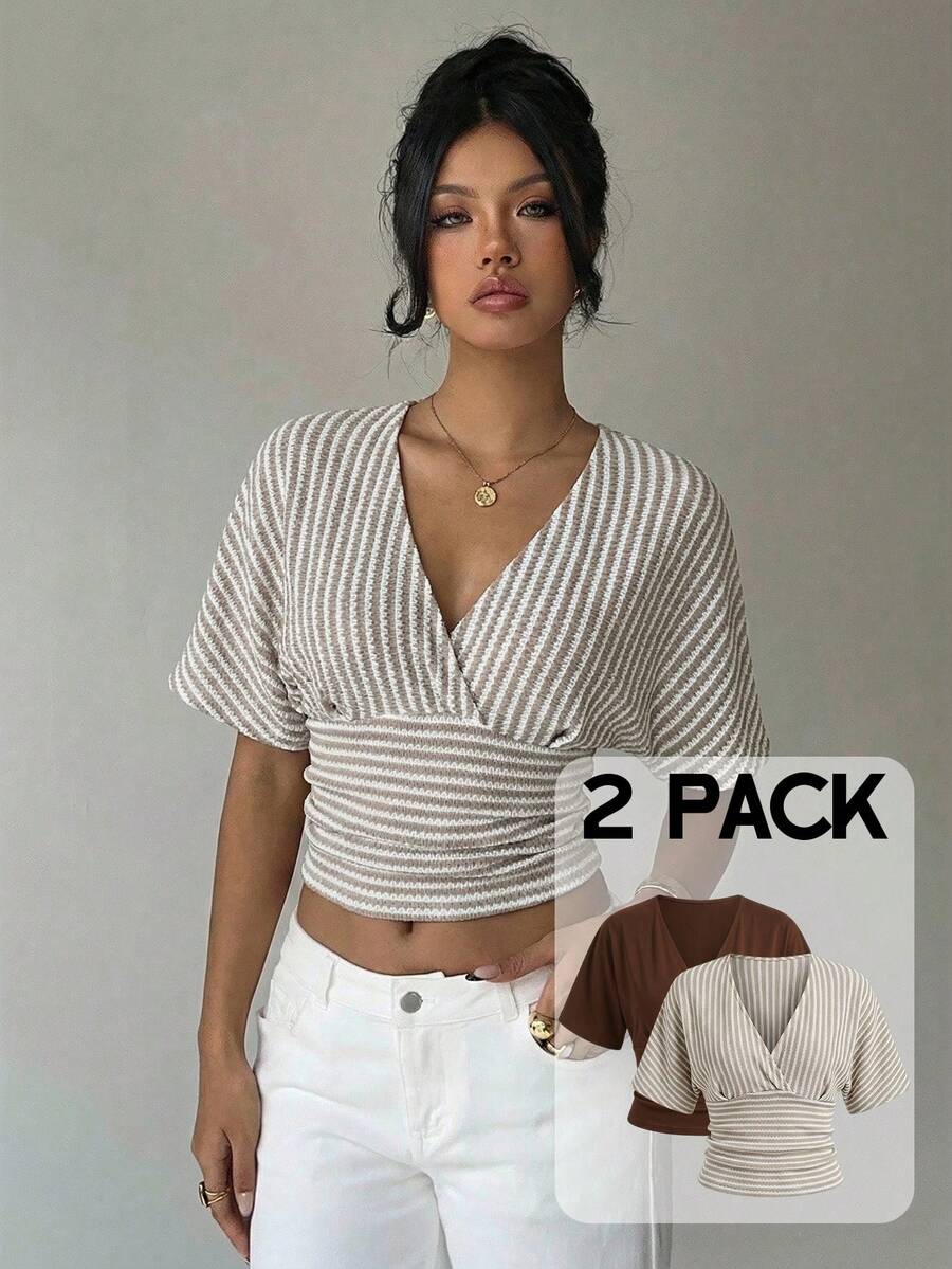 Aloruh Set de 2 camisetas casuales de mujer con cuello en V a rayas, mangas cortas tipo murciélago y plisadas - Multicolor - Ver 1