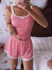 CottageSlumber Women's Pink Heart & Ribbed Lace Silk Camisole Shorts Pajama Set - Coral Pink - View 5