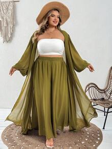 SHEIN CURVE+ Bộ đồ thường ngày cho nữ size lớn gồm áo quây camisole màu trơn, áo choàng màu trơn và quần ống rộng cạp chun - màu xanh lá - Xem 7