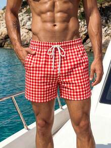 Manfinity Swimmode 夏季男士紅白條紋抽繩格紋休閒寬鬆百搭日常海灘短褲，熱帶度假夏威夷泳褲情侶款 - 紅色 - 查看 3