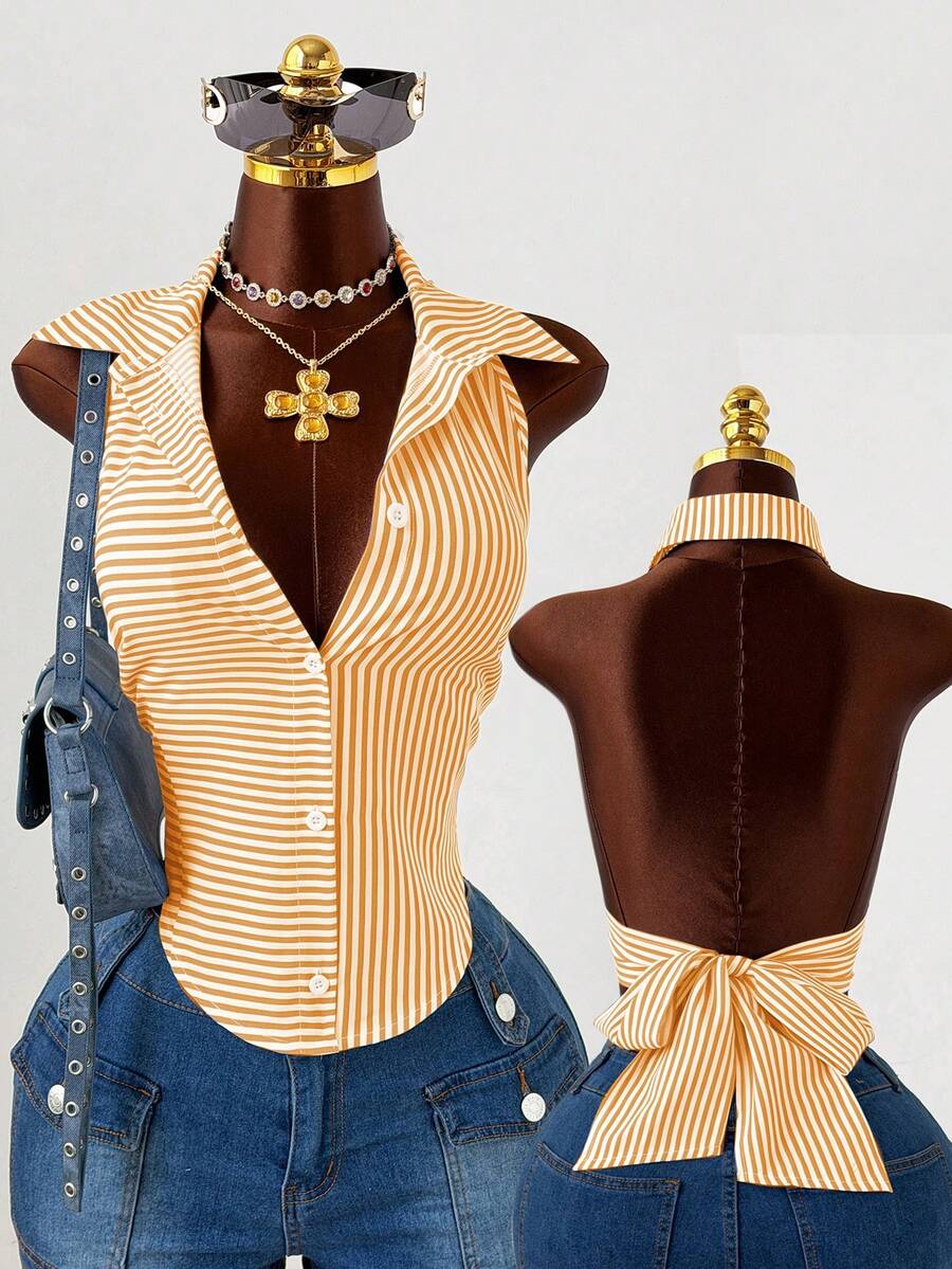 Sunspun Plus Size Women Casual Halter Neck Striped Hollow Out Shirt, Blue & White, Comfortable For Spring & Summer - Yellow - View 1