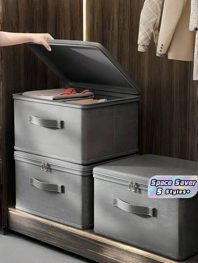 1 Hộp đựng đồ gấp gọn có khóa kéo, tay cầm, màu xám, chất liệu polyester pha lanh, hình vuông, có nắp đậy, bền chắc, đa năng, dùng để đựng quần áo, đồ chơi, đồ trang trí nhà cửa, phòng ngủ.