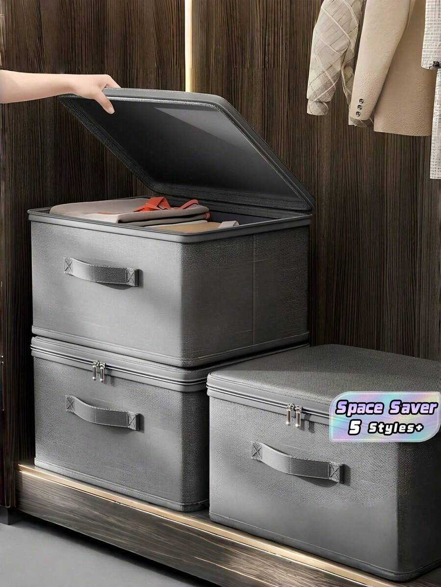 1 pieza Caja de almacenamiento plegable con cremallera y asa, caja cuadrada de poliéster y lino gris con tapa, duradera y de uso múltiple para ropa, juguetes, organizador, decoración del hogar y almacenamiento en el dormitorio - Gris - Ver 1
