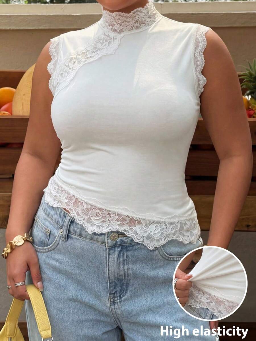 Muchica Plus Size Women Casual Contrast Lace Asymmetric Hem Tank Top - Apricot - View 1