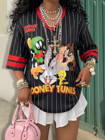 Slaydiva LOONEY TUNES X SHEIN 女士休闲V领网眼T恤