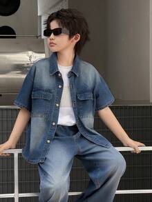 DAZY Boys' Denim Collared Short Sleeve Jacket + Straight Leg Pants Casual Suit (Plus Size) - Medium Wash - View 8