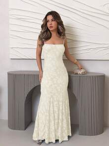 Jemour Women's Solid White Backless Tie Strap Cutout Fishtail Dress, Suitable For Spring/Summer, Vacation, Wedding Season Party Elegant - Beige - View 1