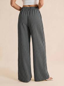 SHEIN Tall Pantalones casuales rectos de pierna suelta con cintura con cordón y rayas para mujer - Gris Oscuro - Ver 2