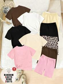 Conjunto de 3 piezas de estilo casual y de moda para primavera y verano, con personalidad creativa y de alta gama, con estampado de leopardo, parches y estampado de letras gráficas, con un estilo relajado y de vacaciones, camiseta básica + pantalones cortos de ciclista, cómodo para uso diario, adecuado para niñas en primavera, verano y otoño - Multicolor - View 2