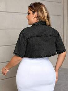SHEIN SXY 大尺碼素色極簡休閒短袖牛仔上衣 - 黑色 - 查看 2