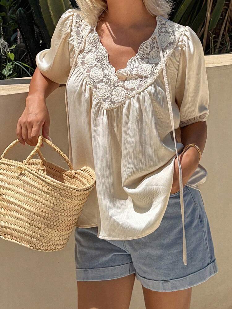 2026 Camisa casual de mujer con bordado floral y nudo delantero, de manga corta, para verano - Albaricoque - Añade 3