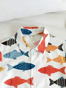 Young Boy Casual Minimalist Cartoon Pattern Collared Cardigan Shirt, Suitable For Summer - Multicolor - View 4