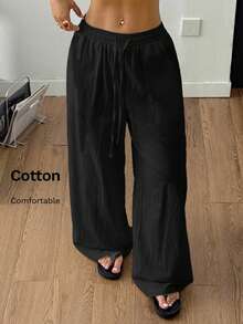 SHEIN Tall CURVE 大码女式休闲抽绳腰宽松阔腿裤，纯色，适合日常通勤 - 黑色 - 查看 5