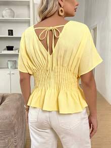 SHEIN LUNE Plus Size Women's Light Yellow V-Neck Blouse, Summer Vacation Elegant - Yellow - View 1