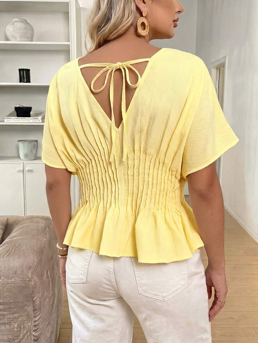 SHEIN LUNE Plus Size Women's Light Yellow V-Neck Blouse, Summer Vacation Elegant - Yellow - View 1