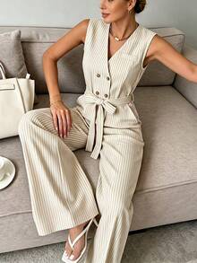 Franclia Bộ jumpsuit nữ cổ chữ V không tay, có túi, cài cúc đôi, xếp ly, ống rộng, thời trang mùa hè. - Màu be - Xem 1