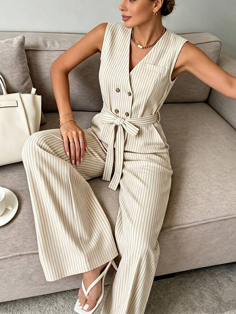 Franclia Bộ jumpsuit nữ cổ chữ V không tay, có túi, cài cúc đôi, xếp ly, ống rộng, thời trang mùa hè. - Màu be - Xem 1