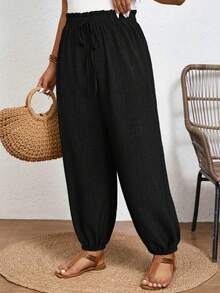 SHEIN Frenchy Summer Vacation Women's Tropical Print Knot Front High Waisted Long Pants - Black - View 6
