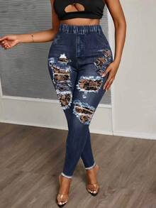 Slaydiva Plus Size Textured Print Leggings, Suitable For Music Festival , Blue Pants, Y2K Style - Multicolor - View 4